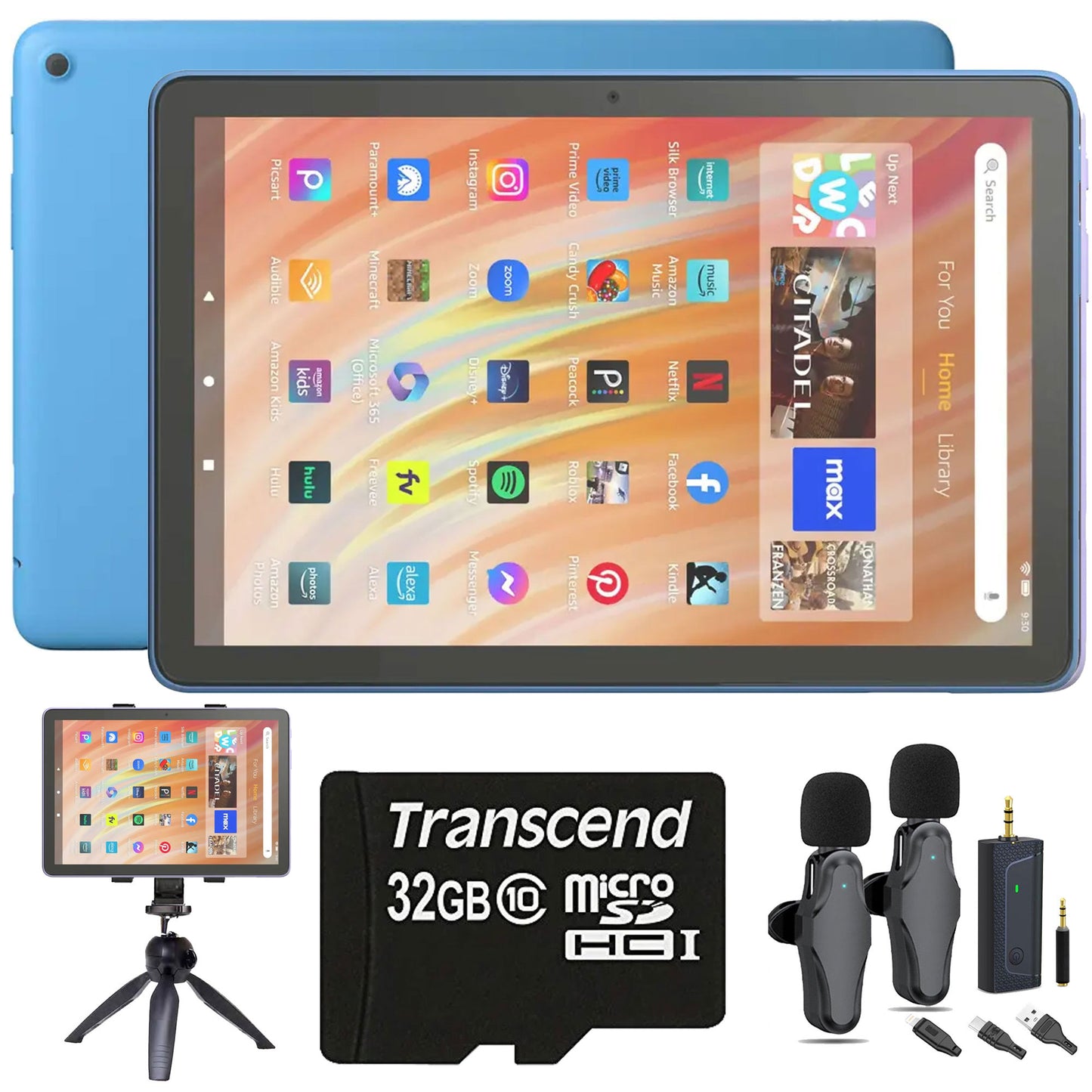 Amazon Fire HD 10 64GB 10.1" Tablet with Wi-Fi - 13th Gen (Ocean) + Vidpro 2-Person Wireless Lavalier Microphone Bundle