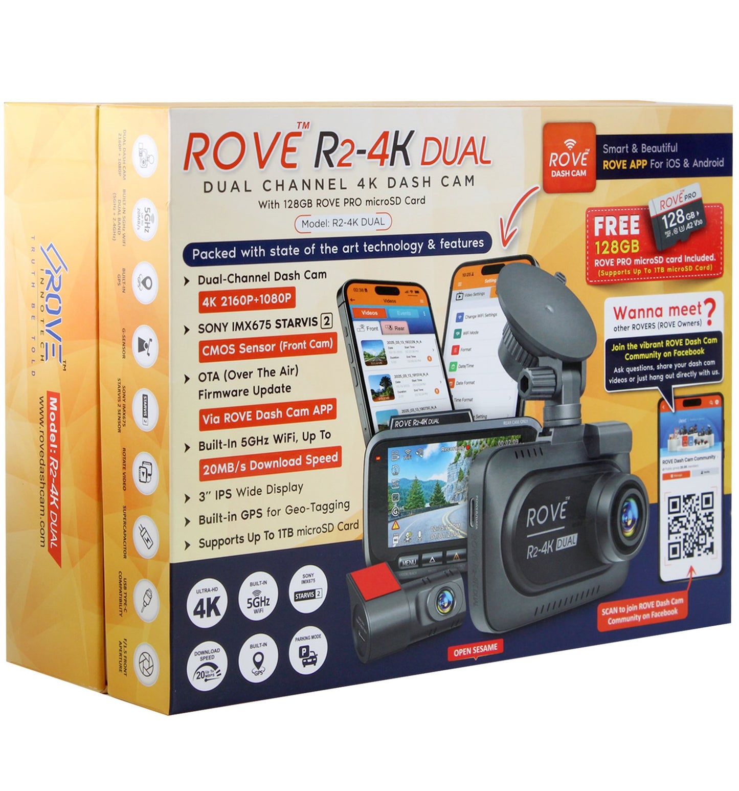 ROVE R2-4K DUAL Dash Cam Front and Rear, STARVIS 2 Sensor, FREE 128GB Card Included, 5G WiFi - up to 20MB/s Fastest Download Speed with App, 4K 2160P/FHD Dash Camera for Cars, 3" IPS, 24H Parking Mode