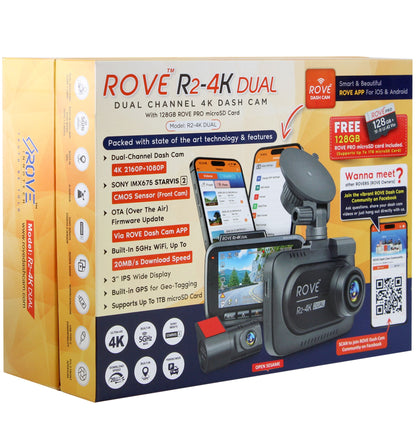 ROVE R2-4K DUAL Dash Cam Front and Rear, STARVIS 2 Sensor, FREE 128GB Card Included, 5G WiFi - up to 20MB/s Fastest Download Speed with App, 4K 2160P/FHD Dash Camera for Cars, 3" IPS, 24H Parking Mode