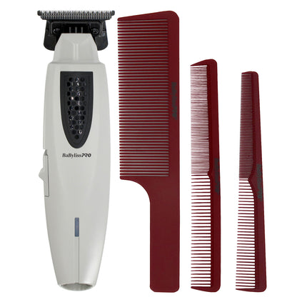 BaByliss Pro LITHIUMFX+ Limited Edition Cordless Lithium Ergonomic Trimmer (Grey) FX773NGY with Barberology Comb Set - Red