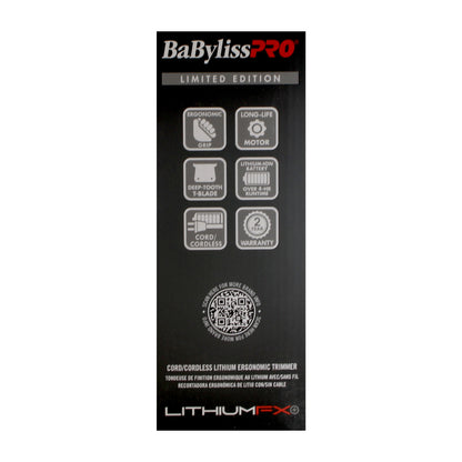 BaByliss Pro LITHIUMFX+ Limited Edition Cordless Lithium Ergonomic Trimmer (Grey) FX773NGY with Barberology Comb Set - Red