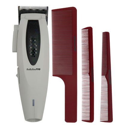 BaByliss Pro LITHIUMFX+ Limited Edition Cordless Lithium Ergonomic Clipper (Grey) FX673NSGY with Barberology Comb Set - Red