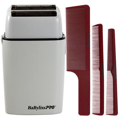 BaByliss Pro LIMITED EDITION Cordless Metal Double Foil Shaver (Gray) FXFS2GY with Barberology Comb Set - Red