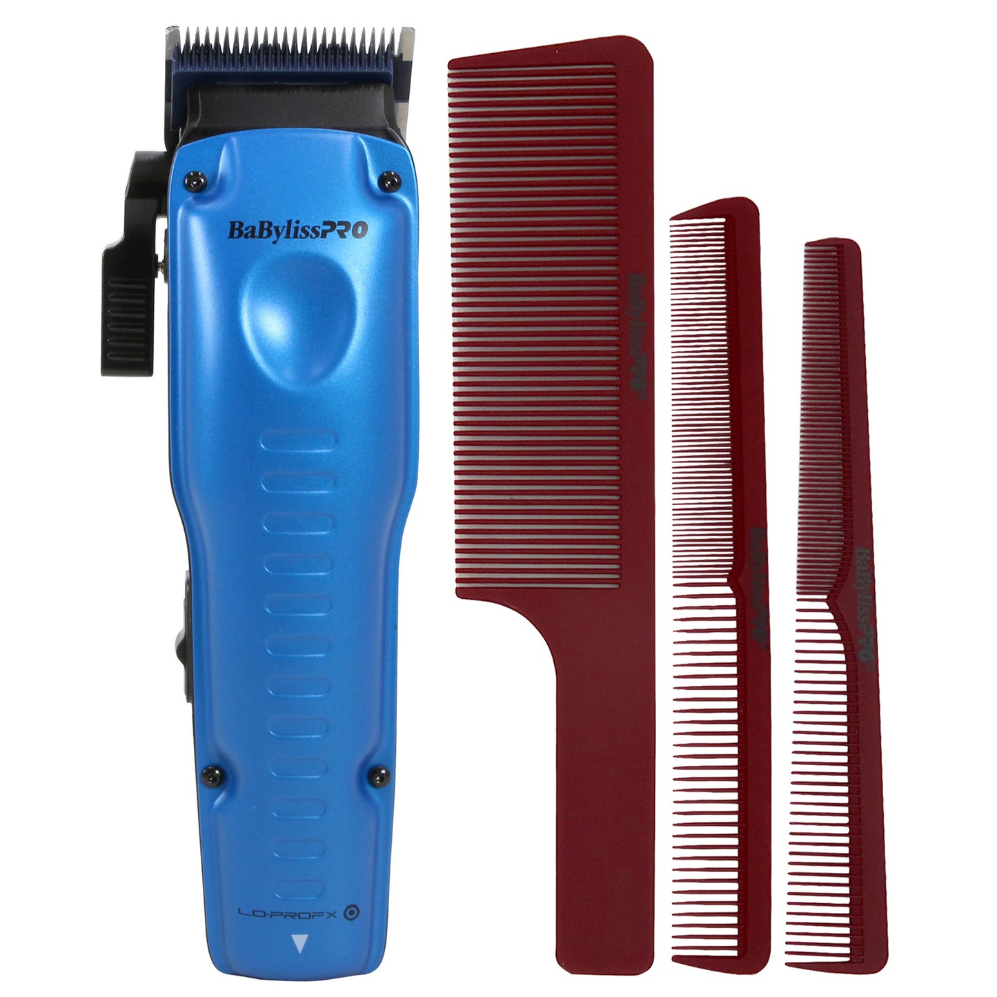 BaByliss Pro LIMITED EDITION LO-PROFX Interchangeable Battery Cordless Clipper (Blue) FX829BL with Barberology Comb Set (Clipper, Cutting, Taper Combs) - Red