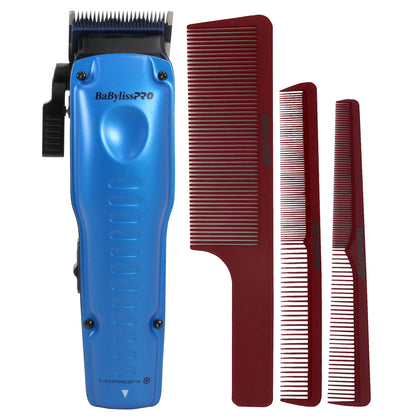 BaByliss Pro LIMITED EDITION LO-PROFX Interchangeable Battery Cordless Clipper (Blue) FX829BL with Barberology Comb Set (Clipper, Cutting, Taper Combs) - Red
