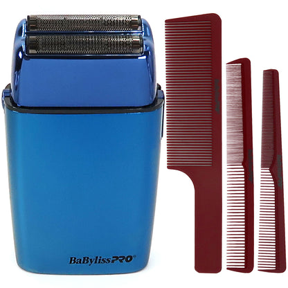 BaByliss Pro LIMITED EDITION Cordless Metal Double Foil Shaver (Blue) FXFS2BL with Barberology Comb Set (Clipper, Cutting, Taper Combs) - Red