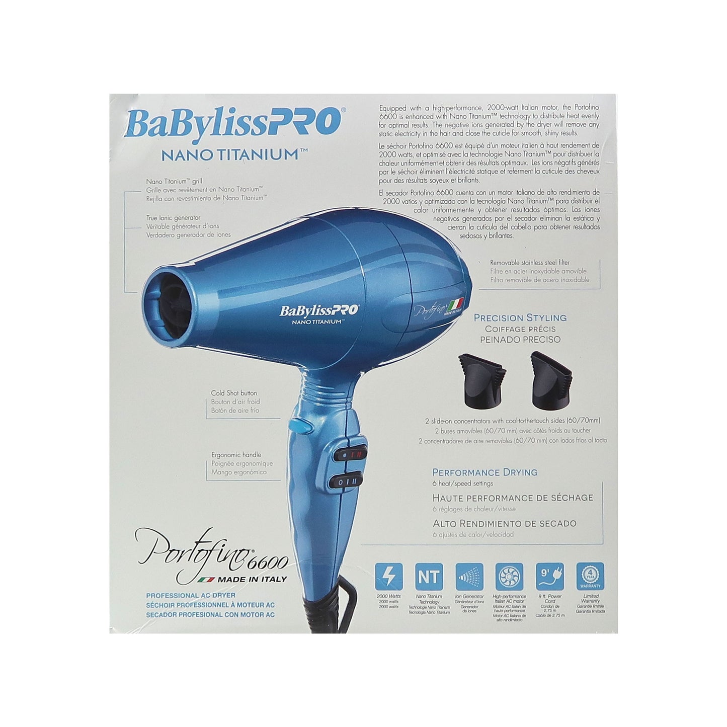 Babyliss Pro Nano Titanium Portofino 6600 Full-Size Hair Dryer Blue BNT6610N with LIMITED EDITION Cordless Metal Double Foil Shaver Blue FXFS2BL Bundle