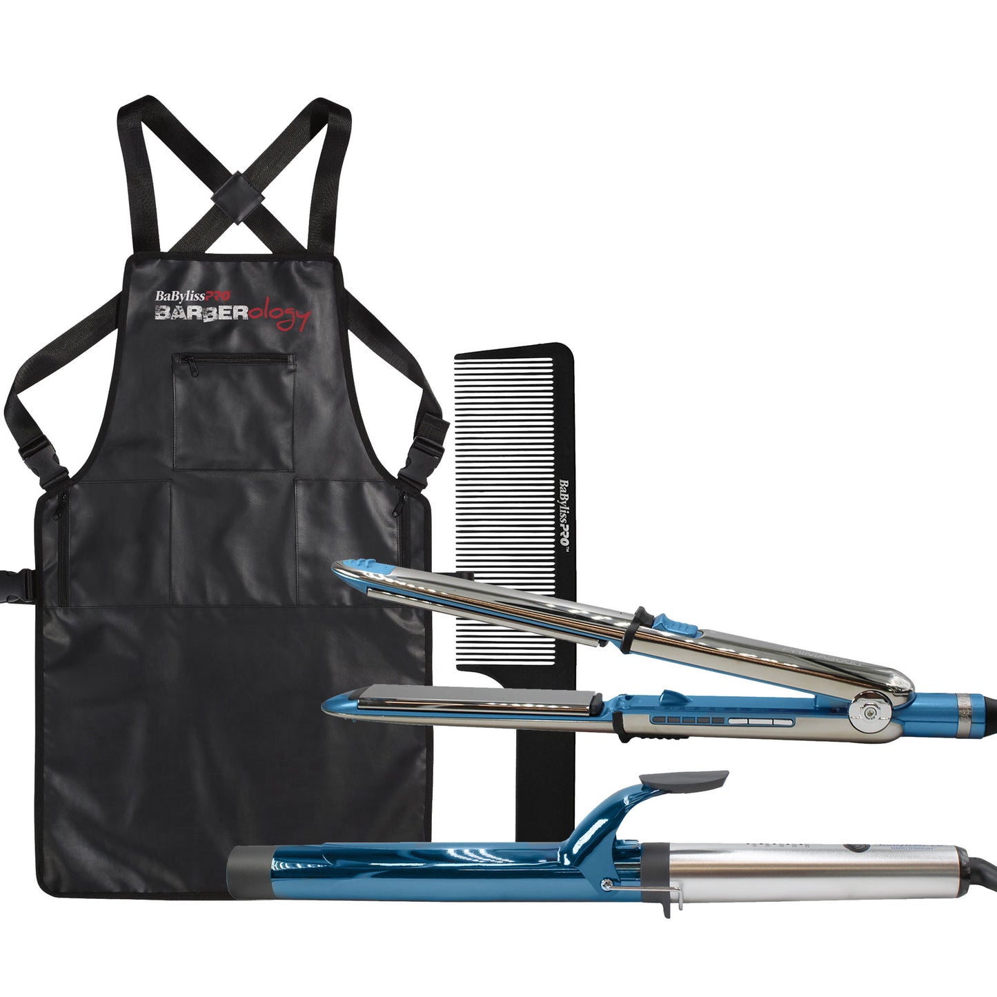BaByliss Pro Prima3000 1¼" Styling Iron & 1¼" Extended Barrel Curling Iron Combo BNTPP54UC with Barberology Apron and Barberology 9" Comb - Black
