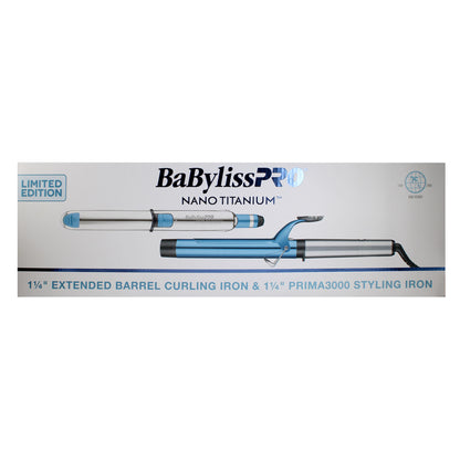 BaByliss Pro Prima3000 1¼" Styling Iron & 1¼" Extended Barrel Curling Iron Combo BNTPP54UC with Nano Titanium Portofino 6600 Full-Size Hair Dryer, Blue BNT6610N