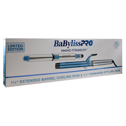 BaByliss Pro Prima3000 1¼" Styling Iron & 1¼" Extended Barrel Curling Iron Combo BNTPP54UC with Nano Titanium Portofino 6600 Full-Size Hair Dryer, Blue BNT6610N