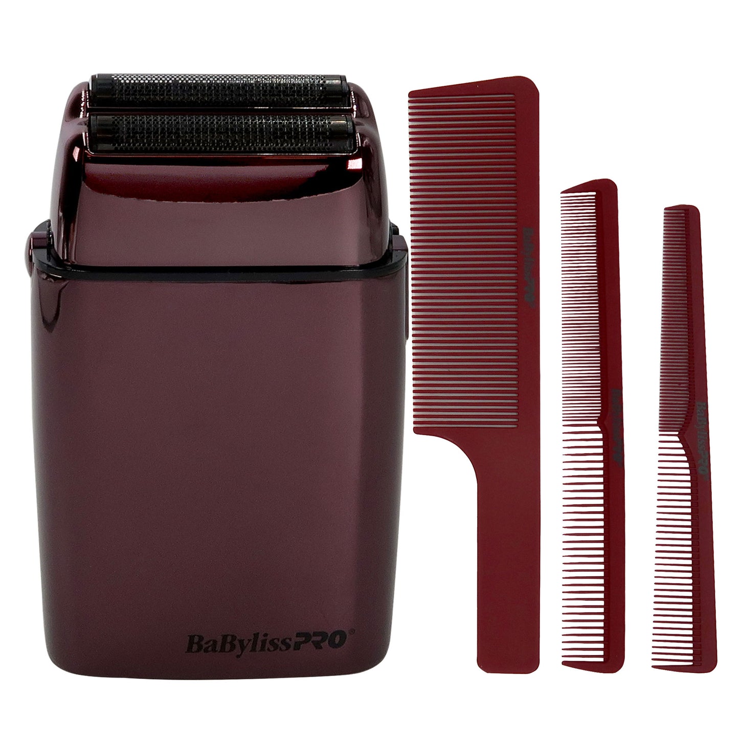 BaByliss Pro LIMITED EDITION Cordless Metal Double Foil Shaver (Purple) FXFS2P with Barberology Comb Set (Clipper, Cutting, Taper Combs) - Red