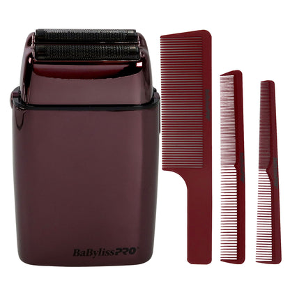 BaByliss Pro LIMITED EDITION Cordless Metal Double Foil Shaver (Purple) FXFS2P with Barberology Comb Set (Clipper, Cutting, Taper Combs) - Red