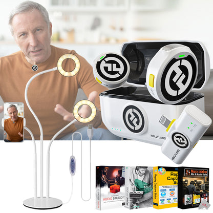 Hollyland LARK M2 DUO 2-Person Wireless Microphone System with Lightning Connector + Desktop Stand + Music Maker Mix and Master Suite Software