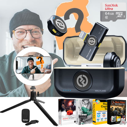 Hollyland LARK M2 Wireless Lavalier Microphone with Lightning Plug (Duo,Shine Charcoal) + 2x Vivitar 8 Inch LED Ring Light Dimmable Lamp for Iphone Smartphone with Tripod Mount Stand + SanDisk Ultra 64GB microSDXC Memory Card UHS-1 Upto 100 MB/s Class 10