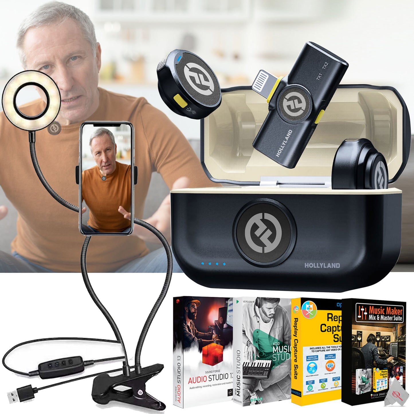 Hollyland LARK M2 Wireless Lavalier Microphone with Lightning Plug (,Shine Charcoal) + Selfie Ring Light  + Music Maker Mix and Master Software