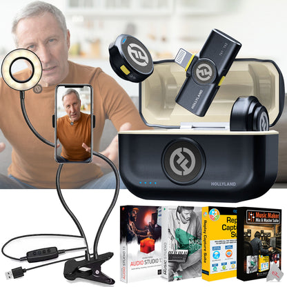 Hollyland LARK M2 Wireless Lavalier Microphone with Lightning Plug (,Shine Charcoal) + Selfie Ring Light  + Music Maker Mix and Master Software