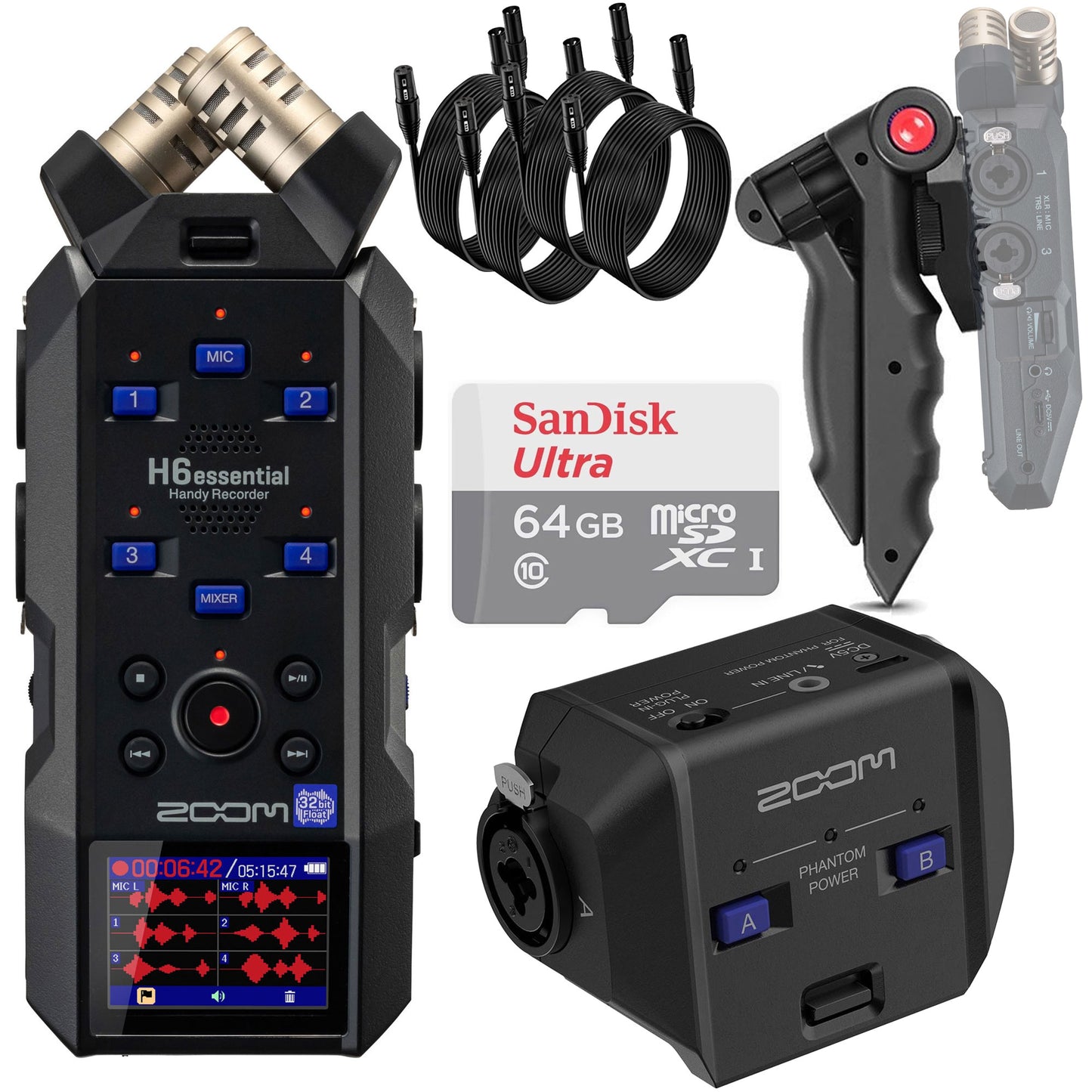 Zoom H6essential 6-Track 32-Bit Float Portable Audio Recorder + Zoom EXH-6e Dual XLR-1/4" TRS Input Capsule for H6essential Portable Recorder + 4x Pig Hog 8mm XLR Microphone Cable Male to Female 10 Ft Fully Balanced Premium Mic Cable + Vivitar Pistol Grip