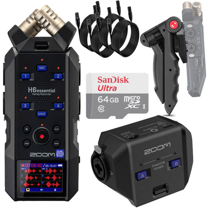 Zoom H6essential 6-Track 32-Bit Float Portable Audio Recorder + Zoom EXH-6e Dual XLR-1/4" TRS Input Capsule for H6essential Portable Recorder + 4x Pig Hog 8mm XLR Microphone Cable Male to Female 10 Ft Fully Balanced Premium Mic Cable + Vivitar Pistol Grip