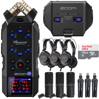 Zoom H6essential 6-Track 32-Bit Float Portable Audio Recorder + Zoom EXH-6e Dual XLR-1/4" TRS Input Capsule for H6essential Portable Recorder + 3x Zoom ZDM-1 Podcast Mic Pack Accessory Bundle With Microphone, Headphones, Tripod, Windscreen & Cable + SanDi