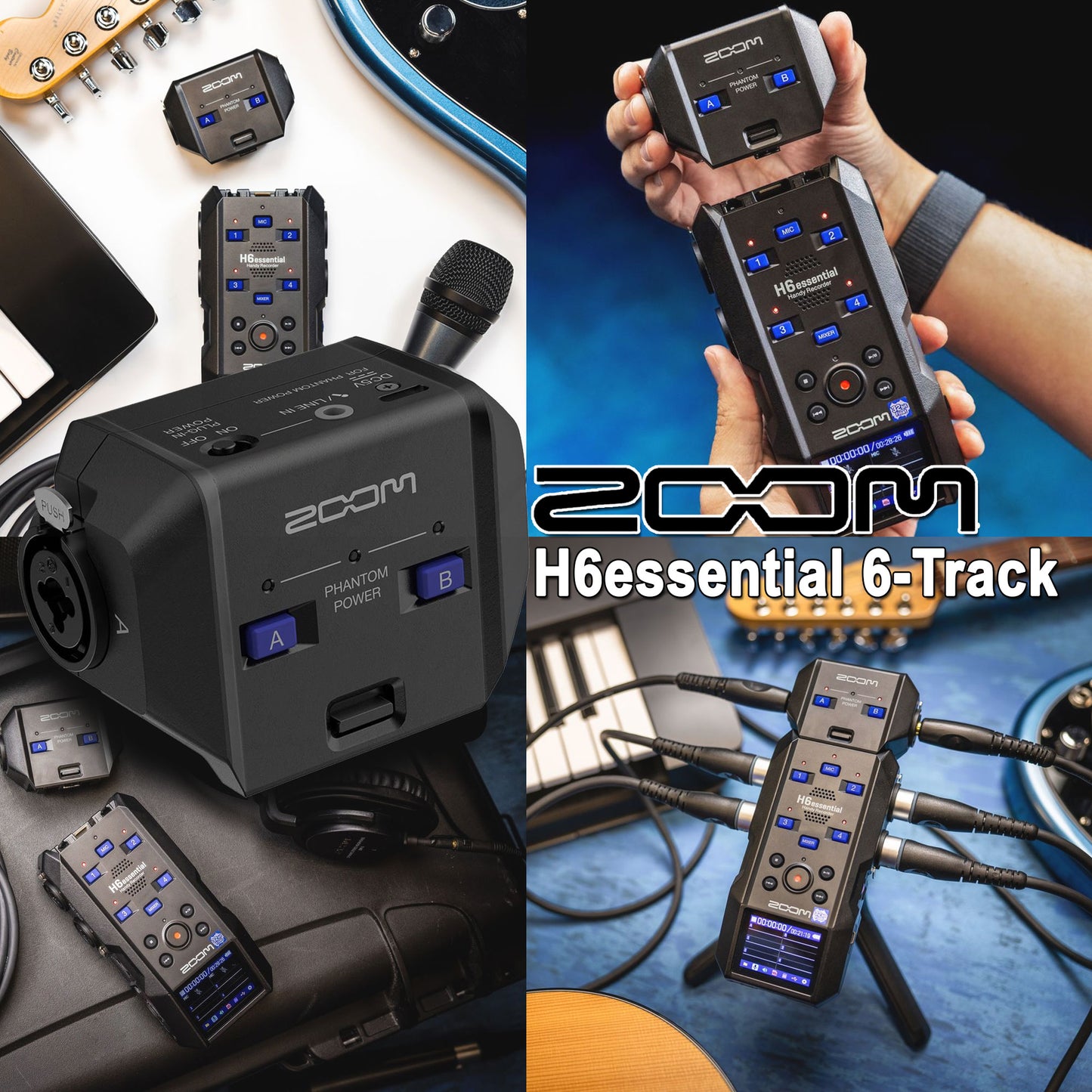 Zoom H6essential 6-Track 32-Bit Float Portable Audio Recorder + Zoom EXH-6e Dual XLR-1/4" TRS Input Capsule for H6essential Portable Recorder + 3x Zoom ZDM-1 Podcast Mic Pack Accessory Bundle With Microphone, Headphones, Tripod, Windscreen & Cable + SanDi
