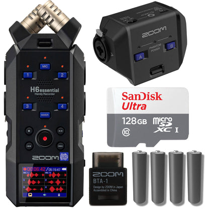 Zoom H6essential 6-Track 32-Bit Float Portable Audio Recorder + Zoom EXH-6e Dual XLR-1/4" TRS Input Capsule for H6essential Portable Recorder + ZOOM BTA-1 Bluetooth Adaptor For ARQ AR-48, L-20, H3-VR & F6 + SanDisk  128GB Ultra UHS-I microSDXC Memory Card