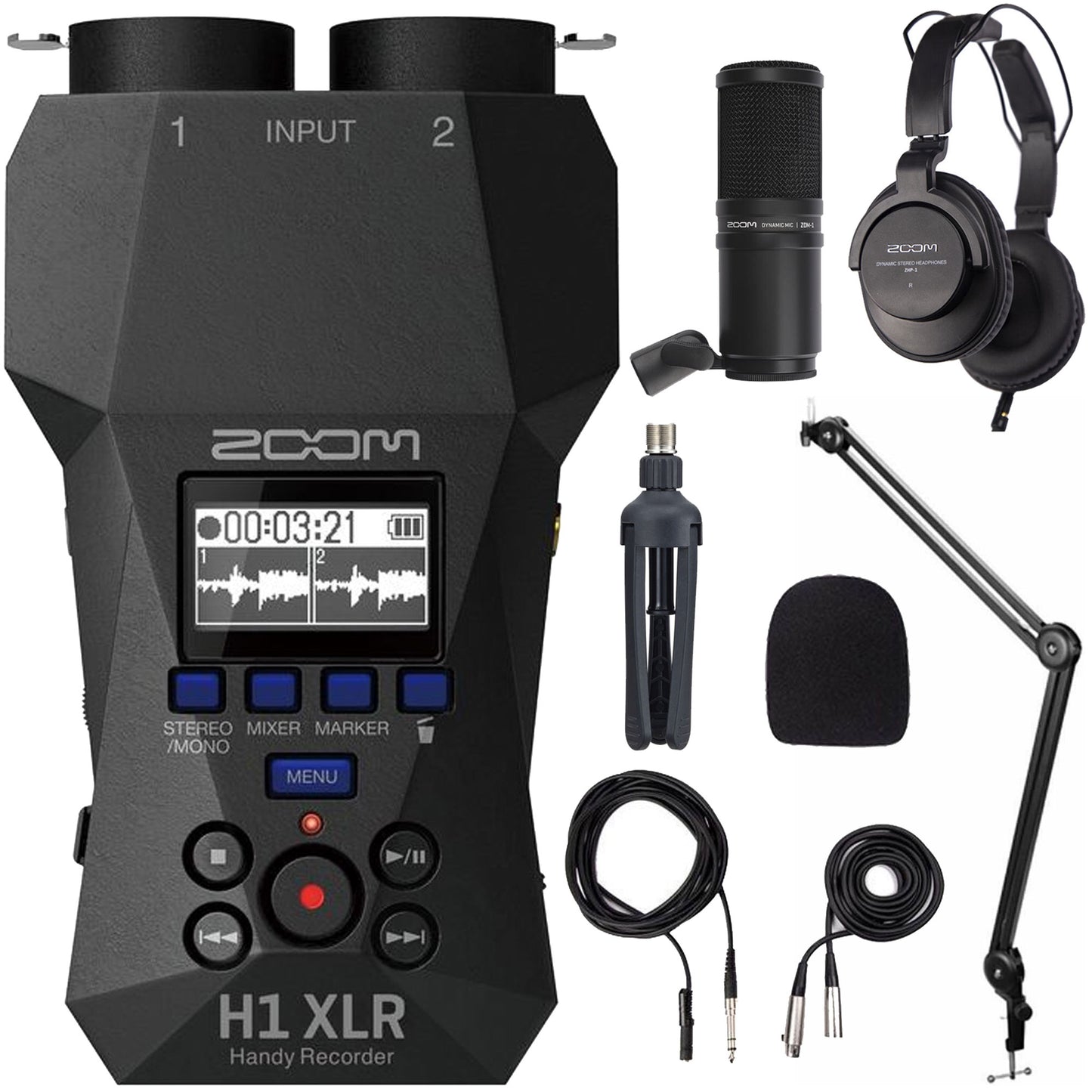 Zoom H1 XLR Portable Audio Recorder with ZDM-1 Podcast Mic Pack and Desk Holder Microphone Stand Bracket for Video Recording