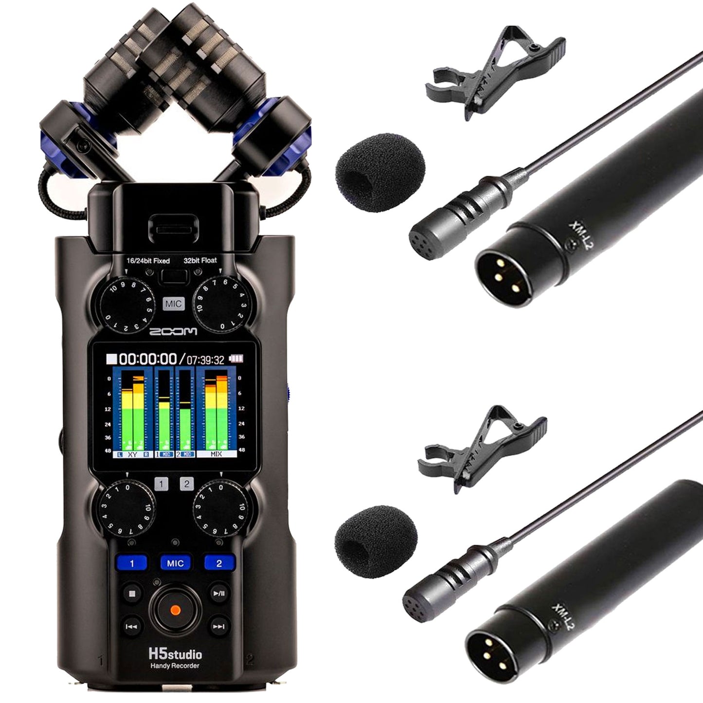 Zoom H5Studio Recorder + 2x XM-L2 XLR Lavalier Mics | 32-Bit Float Pro Audio Recording Kit