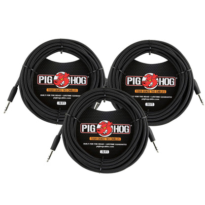 Pig Hog PTRS30BK Black Woven TRS Cable 30ft - 3 Pack