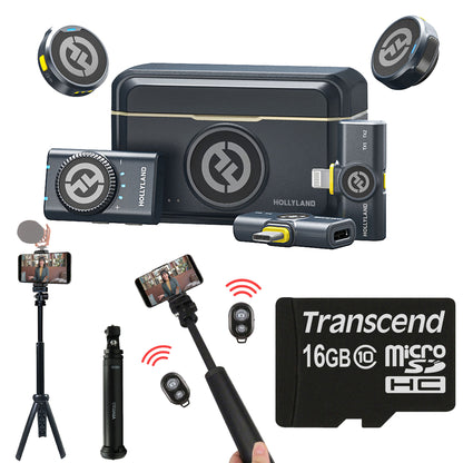 Hollyland LARK M2 COMBO 2-Person Wireless Combo Microphone System 2.4 GHz (Black) + Vivitar 13 Inch Foldable Pocket Tripod with Wireless Remote and Smart Phone Bracket + 16GB Transcend MicroSD Memory Card with Adapter