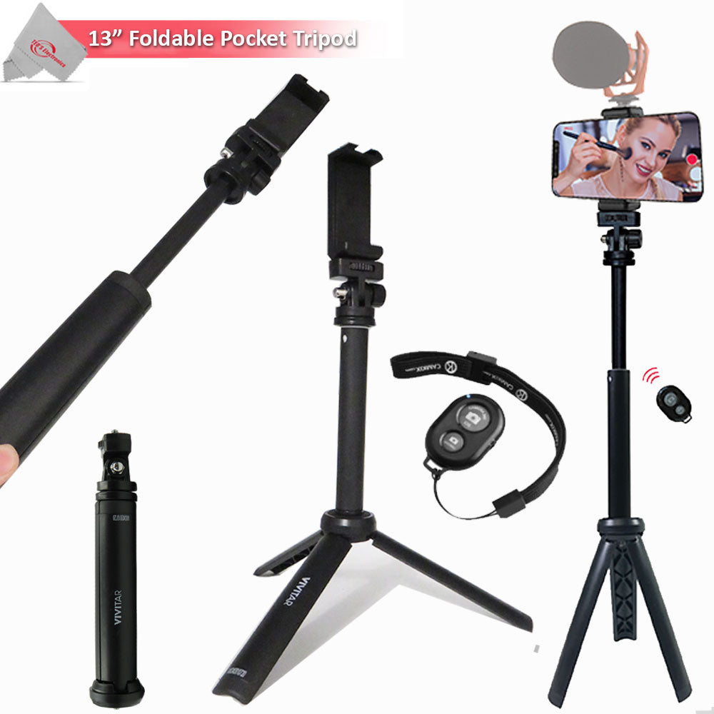 Hollyland LARK M2 COMBO 2-Person Wireless Combo Microphone System 2.4 GHz (Black) + Vivitar 13 Inch Foldable Pocket Tripod with Wireless Remote and Smart Phone Bracket + 16GB Transcend MicroSD Memory Card with Adapter