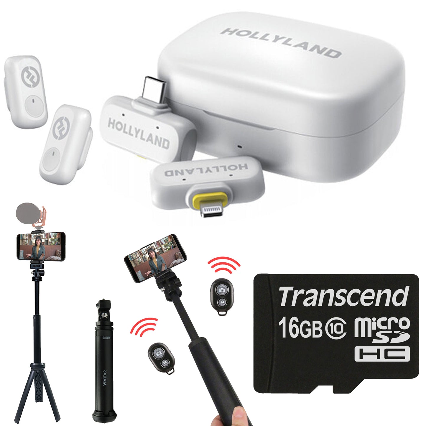 Hollyland LARK A1 Combo 2-Person Wireless Microphone System for Mobile Devices (Ivory White, 2.4 GHz) with Content Creation Bundle