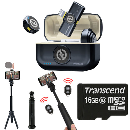 Hollyland LARK M2 Wireless Lavalier Microphone with Lightning Plug (Duo,Shine Charcoal) + Vivitar 13 Inch Foldable Pocket Tripod with Wireless Remote and Smart Phone Bracket + 16GB Transcend MicroSD Memory Card with Adapter