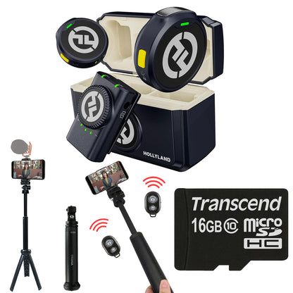 Hollyland LARK M2 DUO 2-Person Wireless Camera-Mount Microphone System - Universal Compatible (2.4 GHz, Shine Charcoal) + Vivitar 13 Inch Foldable Pocket Tripod with Wireless Remote and Smart Phone Bracket + 16GB Transcend MicroSD Card with Adapter
