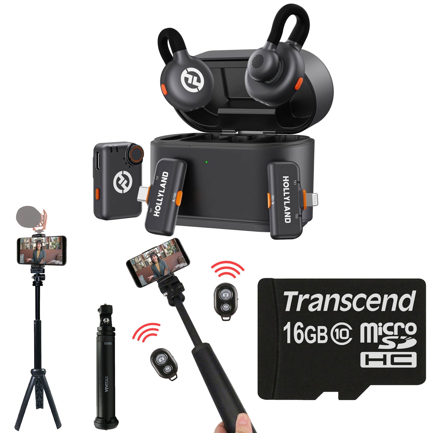 Hollyland Lark M2S Ultimate Combo (Camera RX+USB-C RX+Lightning RX) Wireless Lavalier Microphone for iPhone/Camera/Android/PC + 13" Foldable Pocket Tripod w/ Wireless Remote + Transcend 16GB MicroSD Memory Card