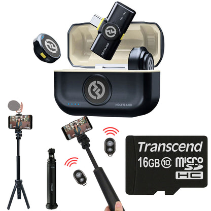 Hollyland LARK M2 2.4GHz 2-Person Wireless Lavalier Microphone System with USB-C Plug & Play (Shine Charcoal) + Vivitar 13 Inch Foldable Pocket Tripod with Wireless Remote and Smart Phone Bracket + 16GB Transcend MicroSD Memory Card with Adapter