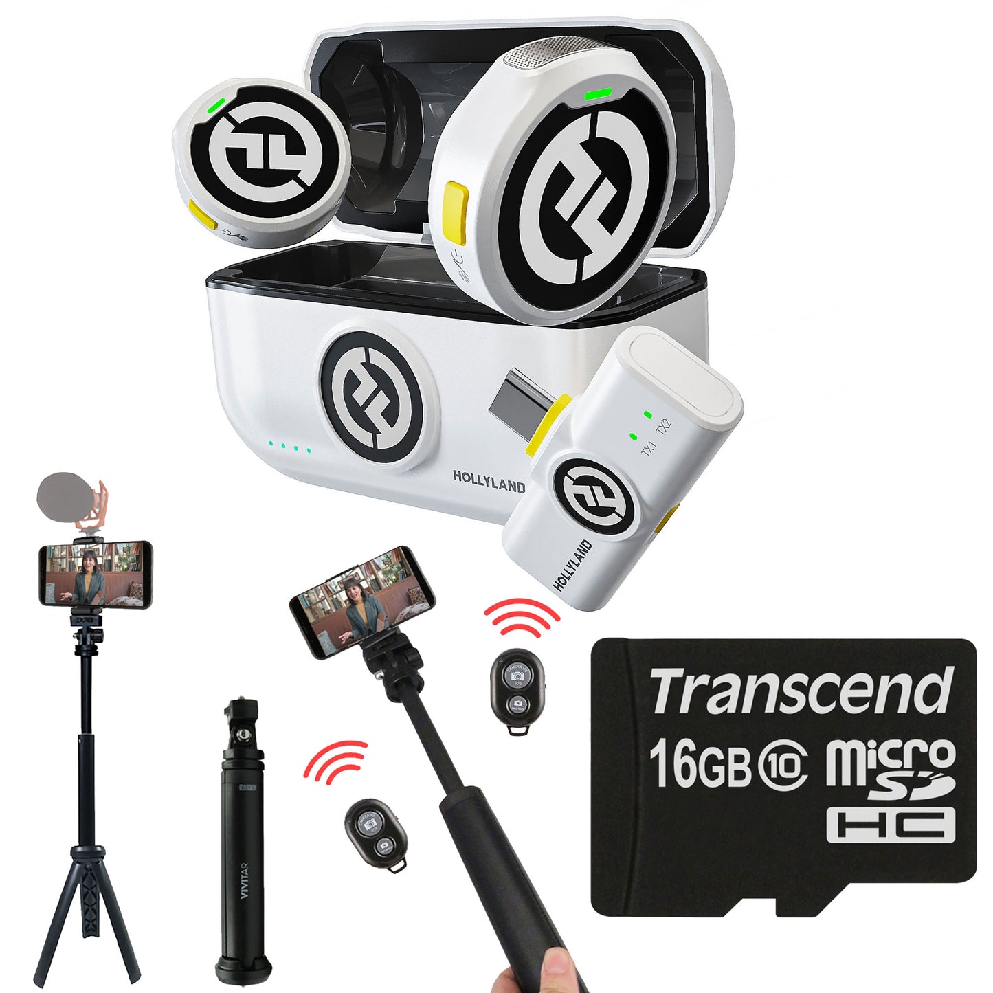Hollyland LARK M2 DUO 2-Person Wireless Microphone System with USB-C Connector (2.4 GHz, Ivory White) + Vivitar 13 Inch Foldable Pocket Tripod with Wireless Remote and Smart Phone Bracket + 16GB Transcend MicroSD Memory Card with Adapter