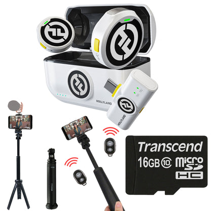 Hollyland LARK M2 DUO 2-Person Wireless Microphone System with USB-C Connector (2.4 GHz, Ivory White) + Vivitar 13 Inch Foldable Pocket Tripod with Wireless Remote and Smart Phone Bracket + 16GB Transcend MicroSD Memory Card with Adapter