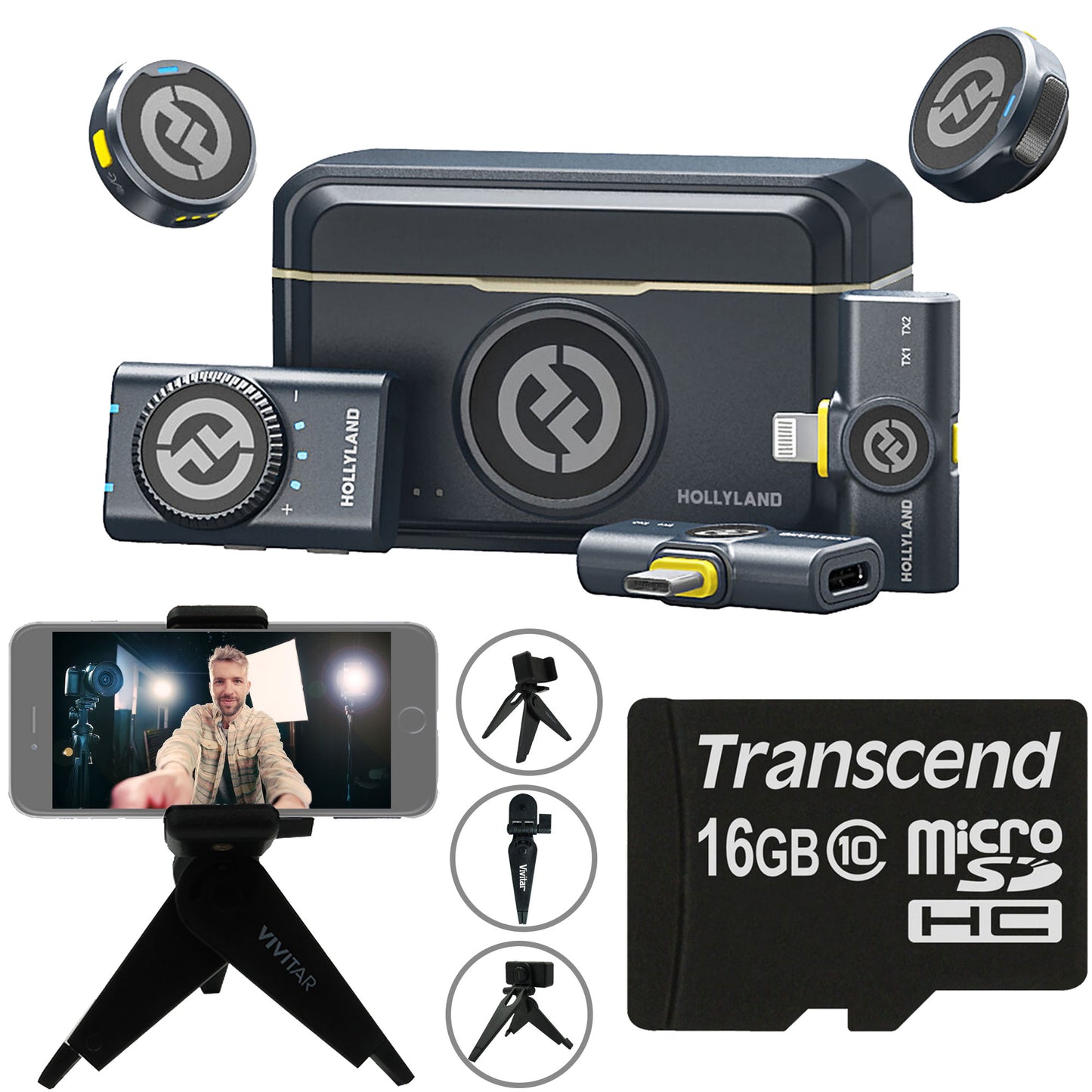 Hollyland LARK M2 COMBO 2-Person Wireless Combo Microphone System 2.4 GHz (Black) + Vivitar compact Selfie Video Tripod + 16GB Transcend MicroSD Memory Card with Adapter
