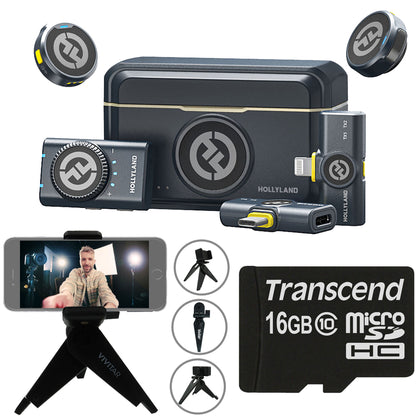 Hollyland LARK M2 COMBO 2-Person Wireless Combo Microphone System 2.4 GHz (Black) + Vivitar compact Selfie Video Tripod + 16GB Transcend MicroSD Memory Card with Adapter