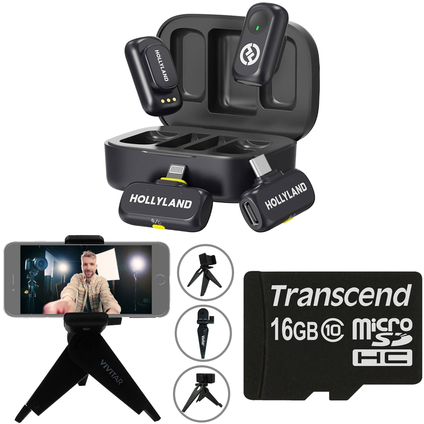 Hollyland LARK A1 Combo 2-Person Wireless Microphone System with USB-C and Lightning Connectors for Mobile Devices (Space Gray, 2.4 GHz) Video Bundle