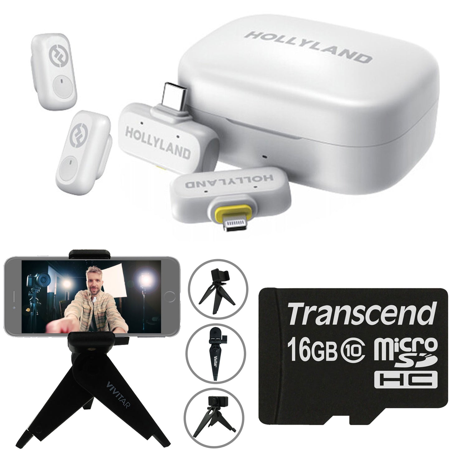 Hollyland LARK A1 Combo 2-Person Wireless Microphone System with USB-C and Lightning Connectors for Mobile Devices (Ivory White, 2.4 GHz) Video Bundle
