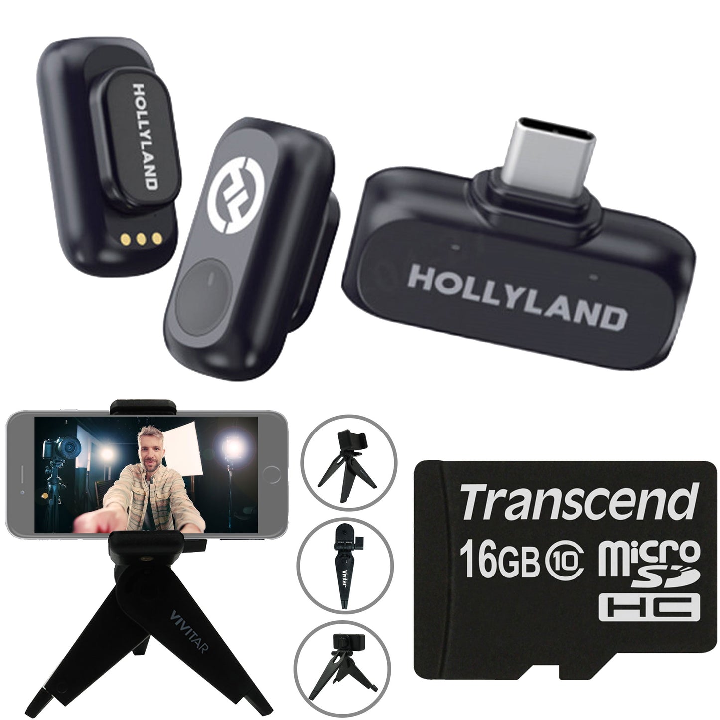 Hollyland LARK A1 Mini Duo 2-Person Wireless Microphone System with USB-C Connector for Mobile Devices (Space Gray, 2.4 GHz) + Vivitar compact Selfie Video Tripod + 16GB Transcend MicroSD Memory Card with Adapter
