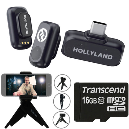 Hollyland LARK A1 Mini Duo 2-Person Wireless Microphone System with USB-C Connector for Mobile Devices (Space Gray, 2.4 GHz) + Vivitar compact Selfie Video Tripod + 16GB Transcend MicroSD Memory Card with Adapter