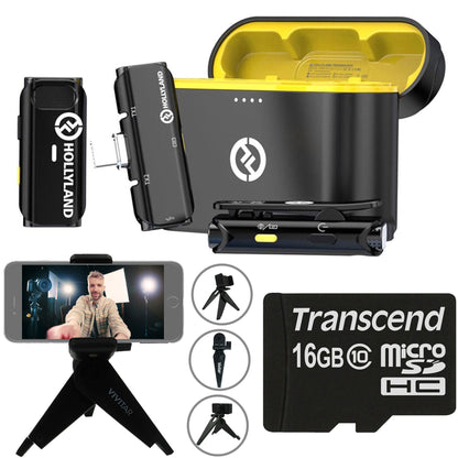 Hollyland Lark C1 Duo 2-Person Wireless Microphone System with USB-C Connector for Mobile Devices, Black + Vivitar compact Selfie Video Tripod + 16GB Transcend MicroSD Memory Card with Adapter