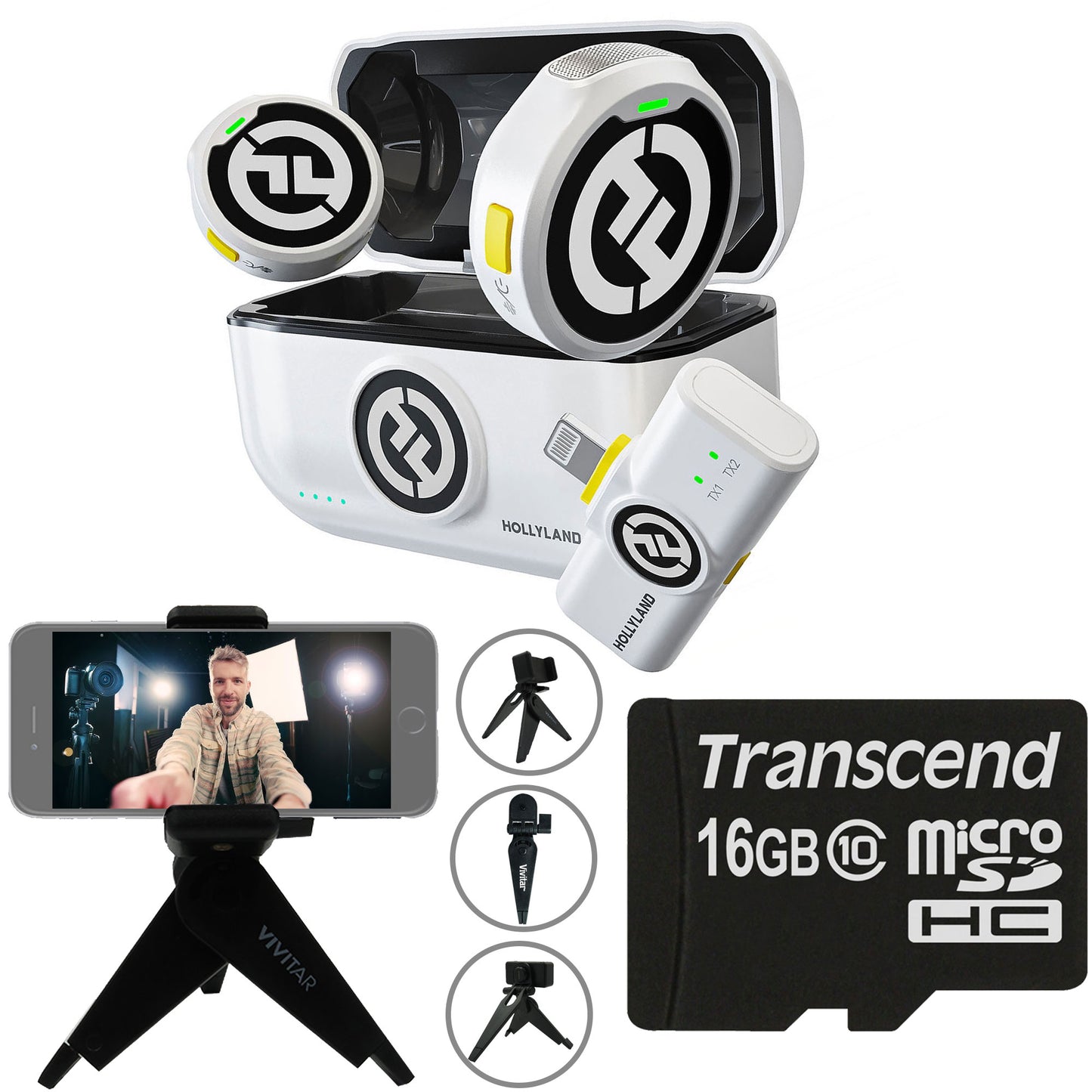 Hollyland LARK M2 DUO 2-Person Wireless Microphone System with Lightning Connector (2.4 GHz, Ivory White) Video Bundle