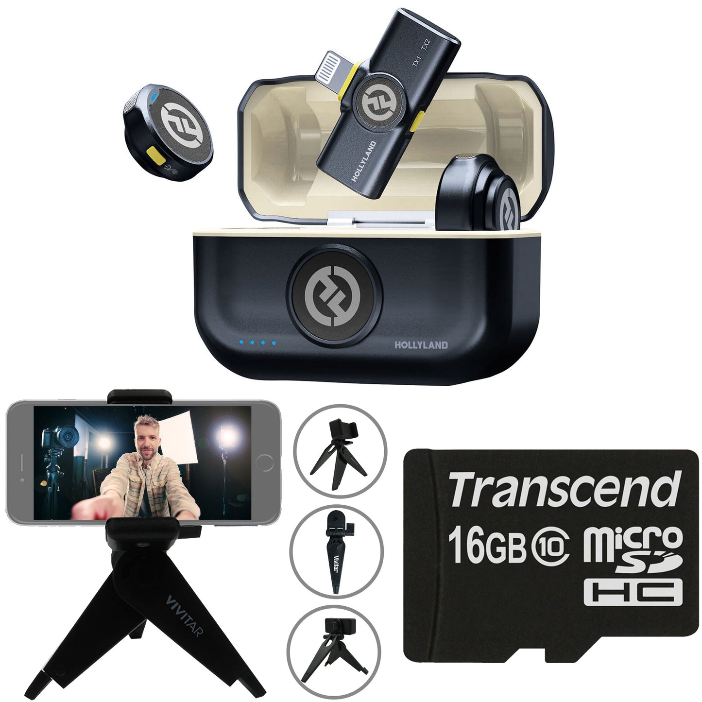 Hollyland LARK M2 Wireless Lavalier Microphone with Lightning Plug (Duo,Shine Charcoal) + Vivitar compact Selfie Video Tripod + 16GB Transcend MicroSD Memory Card with Adapter