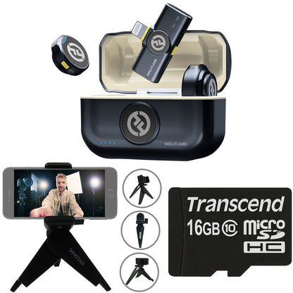 Hollyland LARK M2 Wireless Lavalier Microphone with Lightning Plug (Duo,Shine Charcoal) + Vivitar compact Selfie Video Tripod + 16GB Transcend MicroSD Memory Card with Adapter