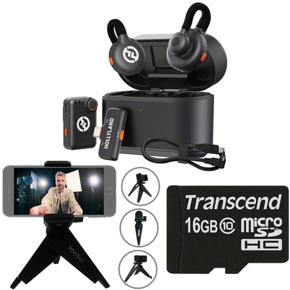 Hollyland LARK M2S Combo 2-Person Wireless Microphone System with USB-C to Lightning - Universal Compatibility (2.4 GHz, Space Gray) + Vivitar compact Selfie Video Tripod + 16GB Transcend MicroSD Memory Card with Adapter