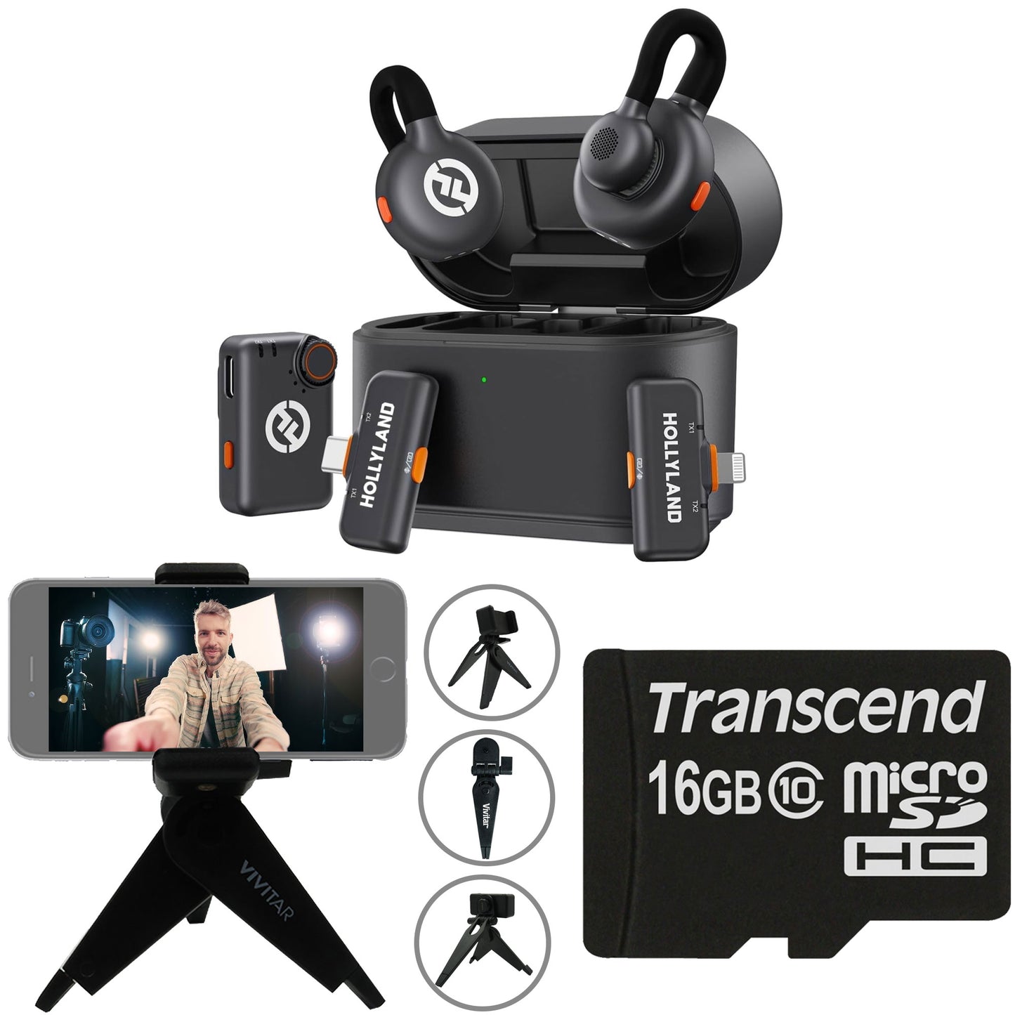 Hollyland Lark M2S Ultimate Combo (Camera RX+USB-C RX+Lightning RX) Wireless Lavalier Microphone for iPhone/Camera/Android/PC + Vivitar compact Selfie Video Tripod + 16GB Transcend MicroSD Memory Card