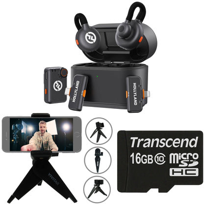 Hollyland Lark M2S Ultimate Combo (Camera RX+USB-C RX+Lightning RX) Wireless Lavalier Microphone for iPhone/Camera/Android/PC + Vivitar compact Selfie Video Tripod + 16GB Transcend MicroSD Memory Card